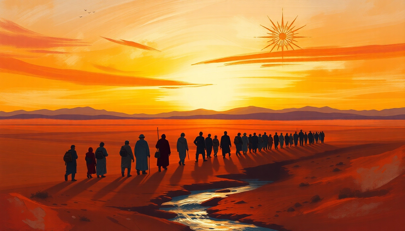 An inspiring exodus journey through a vast desert landscape at sunset, symbolizing hope and resilience.