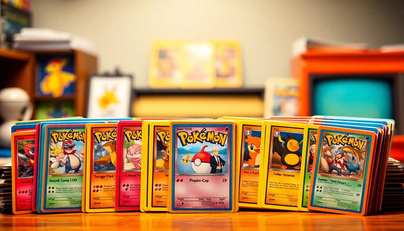 Showcase real Pokémon cards in India arranged artfully, highlighting their colorful designs and character details.