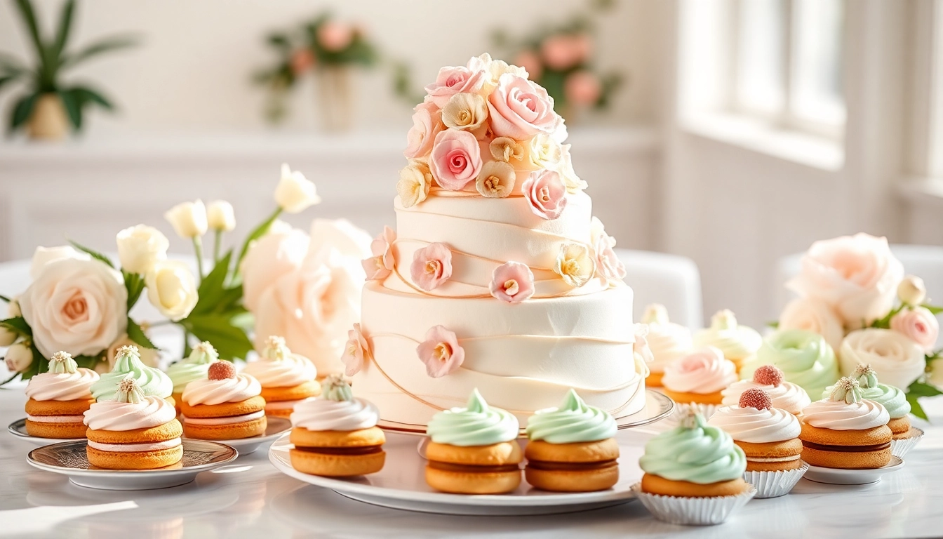 Maak een mousse met romige mousseline, prachtig gepresenteerd met delicate bloemen en mini desserts.