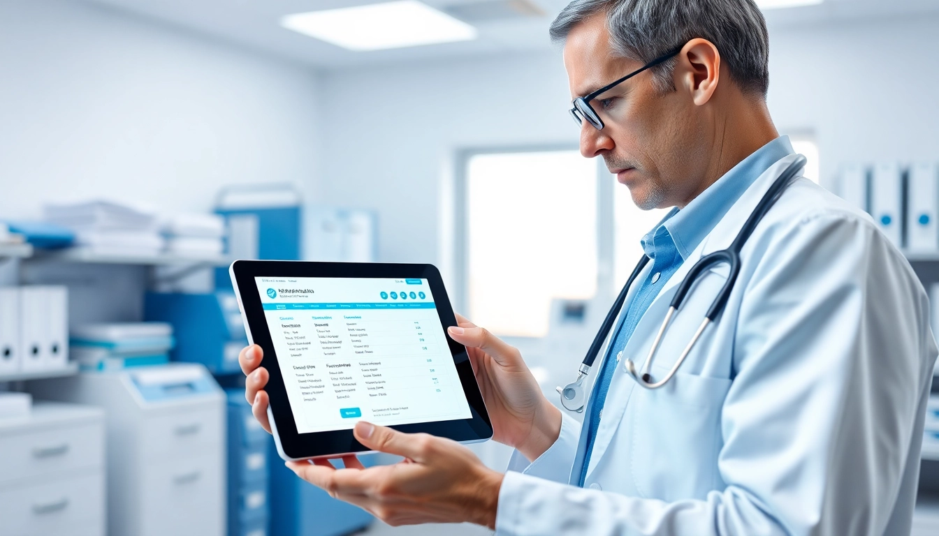Health professional using eprescribing platforms on a tablet within a clinic.