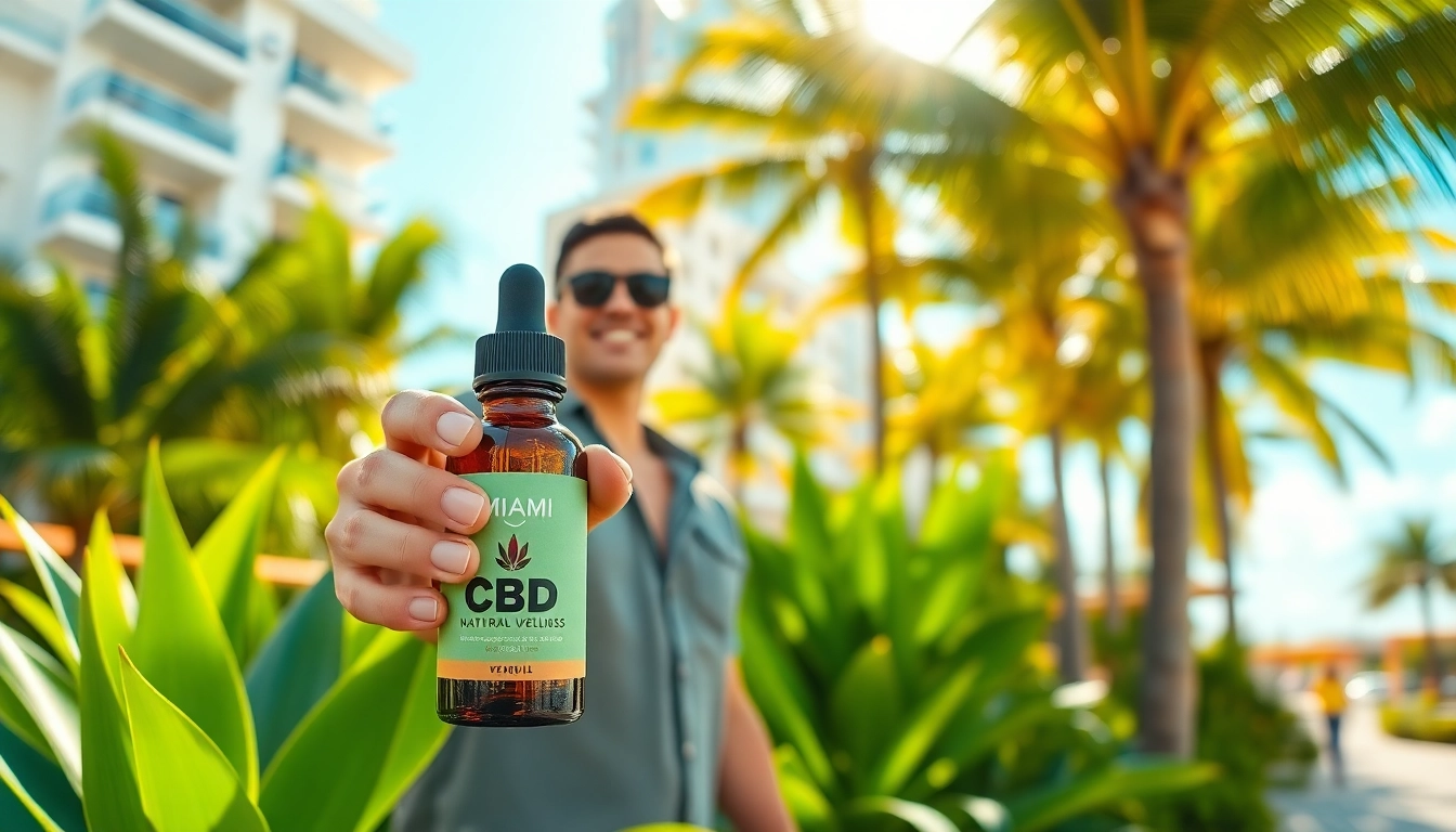 Enjoying cbd miami outdoors with a bottle of CBD oil in hand, surrounded by tropical scenery.