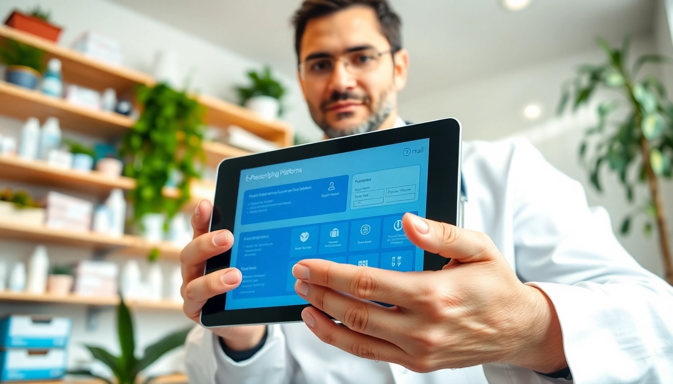Engaging healthcare provider using eprescribing platforms on a tablet in a modern medical office.